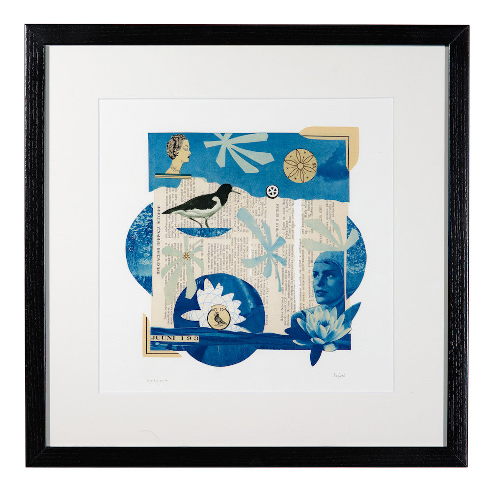 Estonia Framed artwork by Lisa Pijuan-Nomura - art with blue and white abstract design featuring birds and flowers and available at SOCIAL SPACE I Holiday Market at Market Box - Strathcona location - November 14 to November 16, 2025