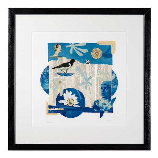 Estonia Framed artwork by Lisa Pijuan-Nomura - art with blue and white abstract design featuring birds and flowers and available at SOCIAL SPACE I Holiday Market at Market Box - Strathcona location - November 14 to November 16, 2025