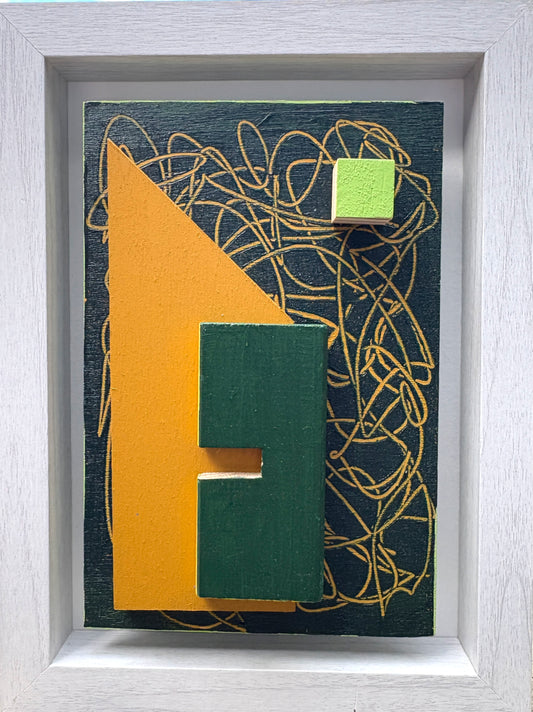 Mini Musings  - Yellow  by Nancy Benoy for Social Space. Decorative wall art green and yellow on a textured  background, framed in white.