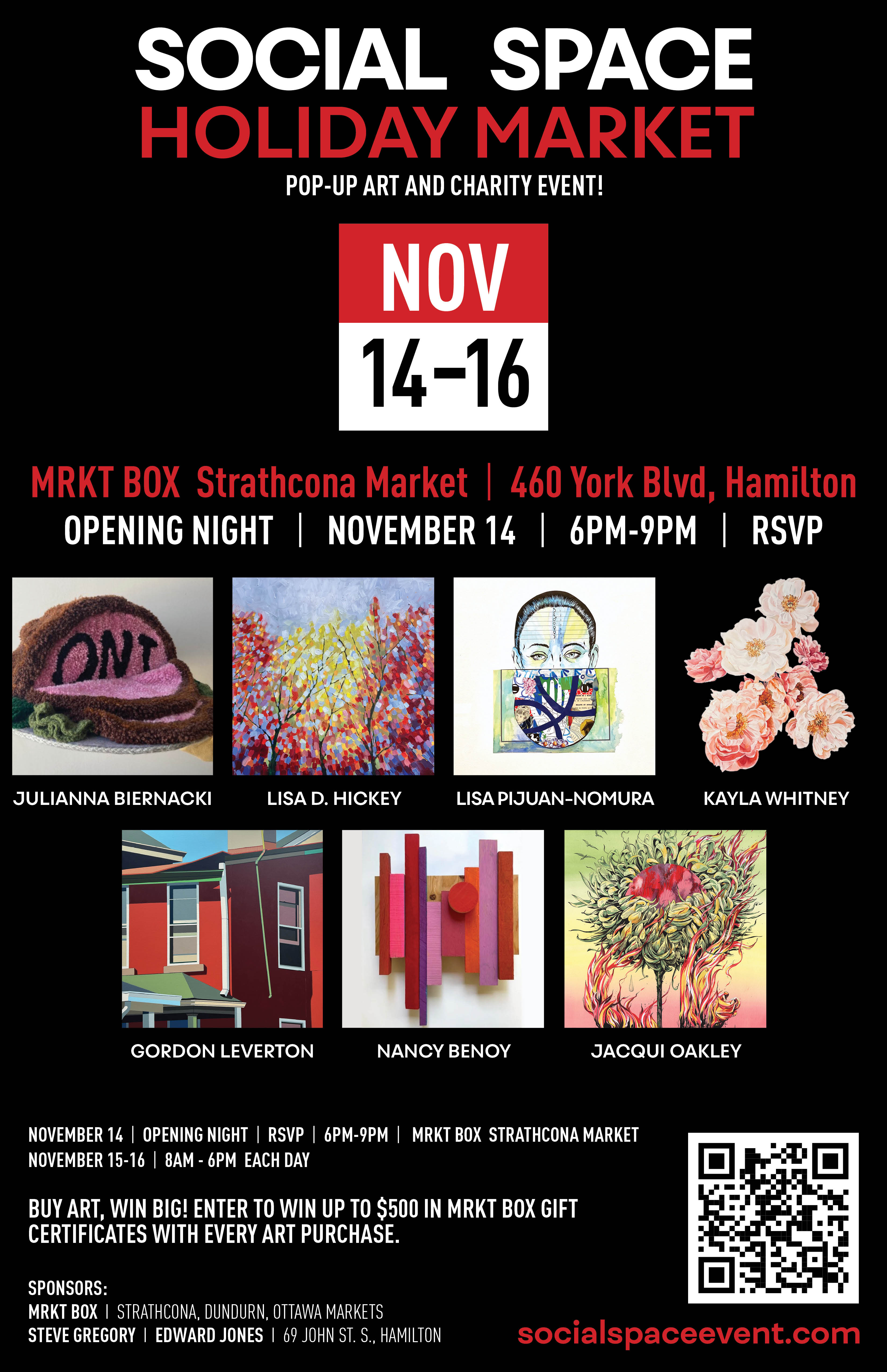 Promotional poster for Social Space 2025 Holiday Market at MRKT BOX - November 14 to 16. Opening Nite: November 14th. RSVP.