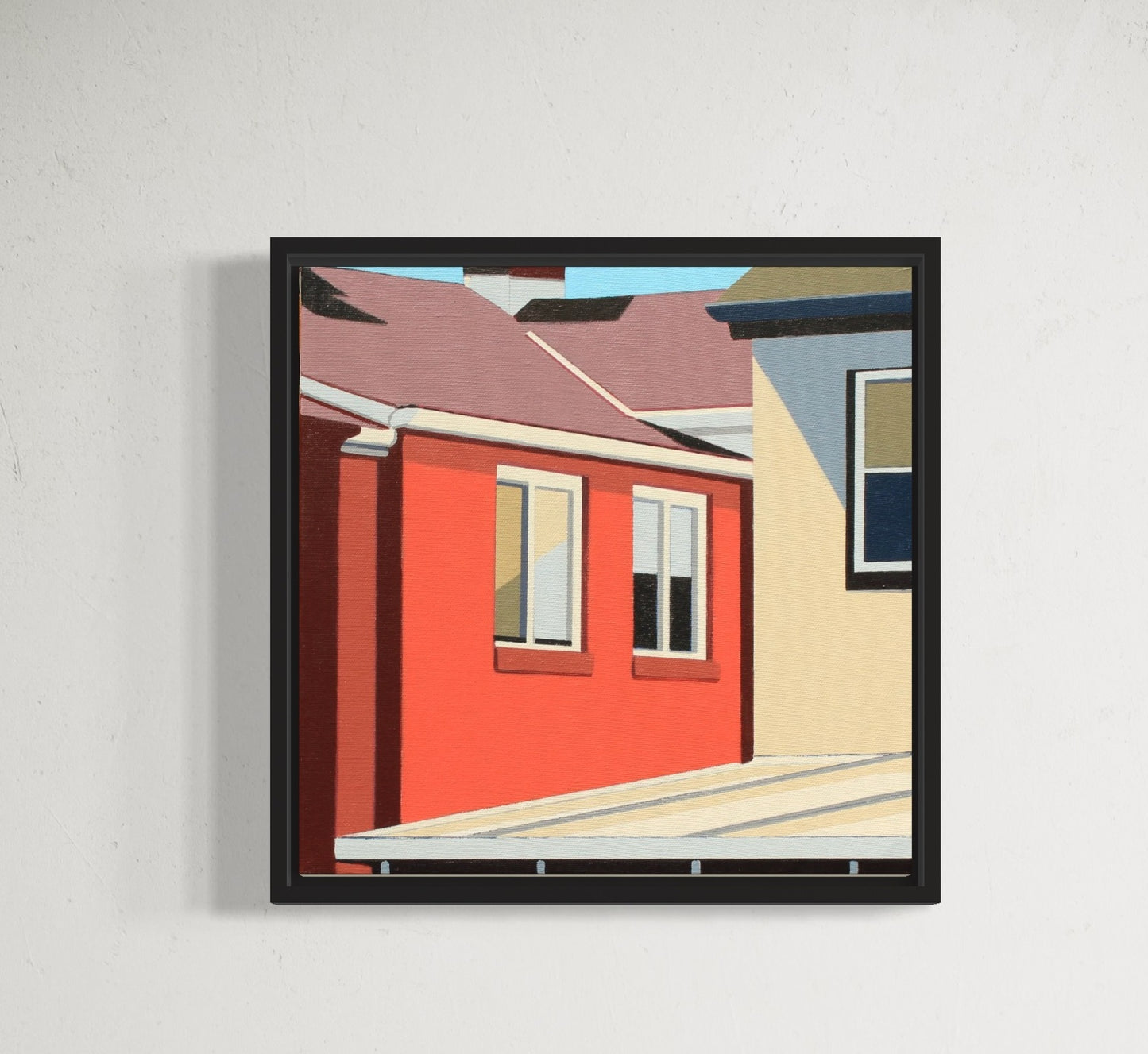 Squared Up by Gordon Leverton  - 12x12" original urban architecture artwork . Gordon Leverton's art is recognizable at a glance: striking geometry, vibrant palettes, and shadows that stretch across surfaces like time. By isolating structures and simplifying form, he invites viewers to see familiar spaces with a fresh perspective.
His work captures not just what a city looks like, but how it feels. It's a practice built on close observation, abstraction, and deep attention to what's often overlooked.