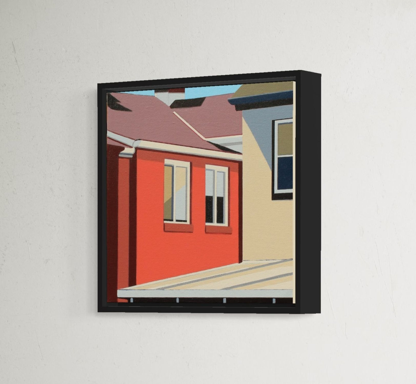 Squared Up by Gordon Leverton  - 12x12" original urban architecture artwork . Gordon Leverton's art is recognizable at a glance: striking geometry, vibrant palettes, and shadows that stretch across surfaces like time. By isolating structures and simplifying form, he invites viewers to see familiar spaces with a fresh perspective.
His work captures not just what a city looks like, but how it feels. It's a practice built on close observation, abstraction, and deep attention to what's often overlooked.