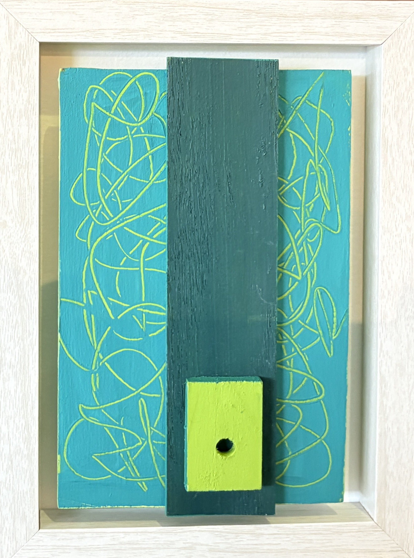 Mini Musings - Big Teal by Nancy Benoy. Framed abstract art piece with colorful geometric shapes on an orange background . Nancy Benoy is a featured artist for SOCIAL SPACE I Holiday Market at MRKT Box - Strathcona Market location from November 14 - 16,2025.