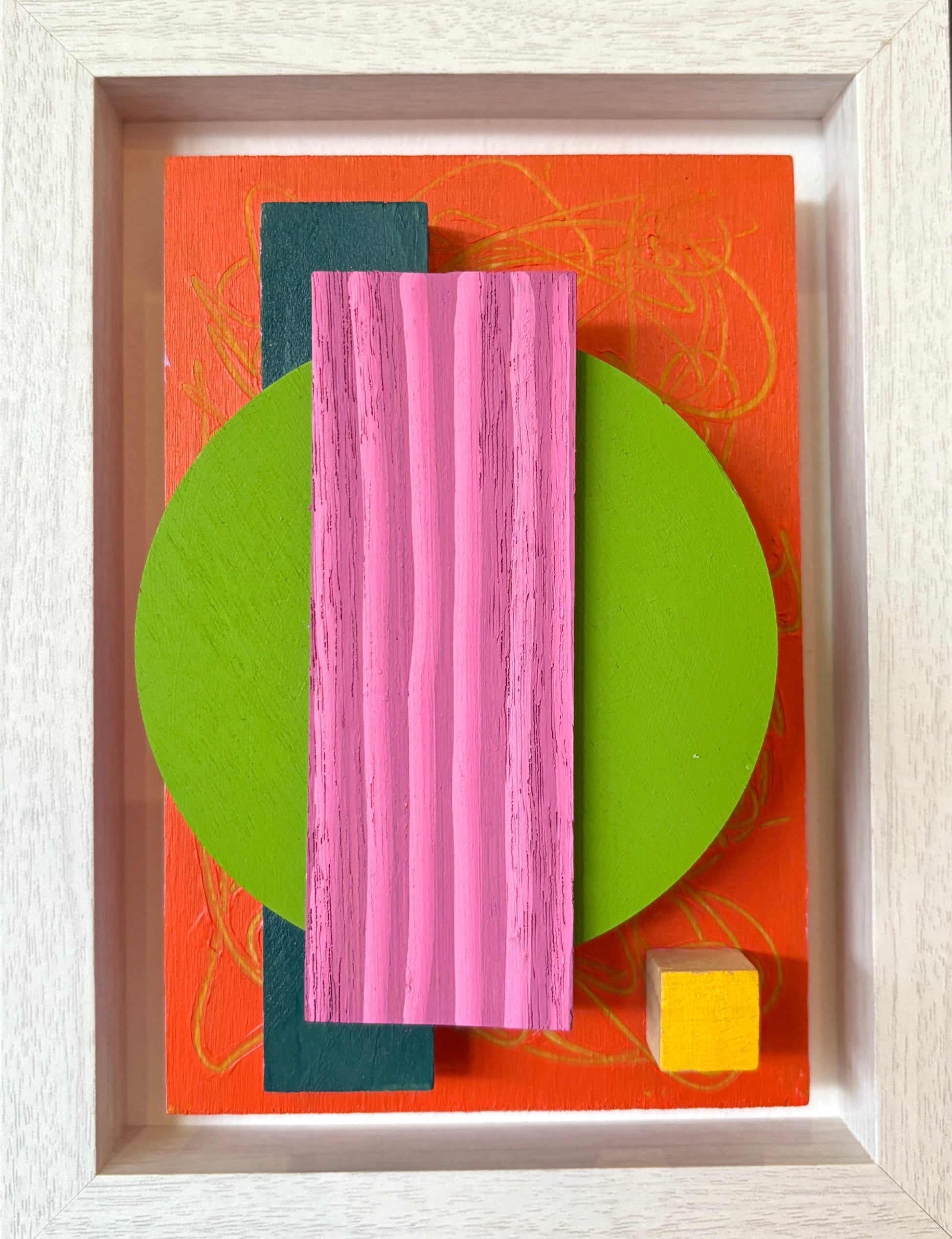 Mini Musings - Pretty Hottie by Nancy Benoy. Framed abstract art piece with colorful geometric shapes on an orange background . Nancy Benoy is a featured artist for SOCIAL SPACE I Holiday Market at MRKT Box - Strathcona Market location from November 14 - 16,2025.
