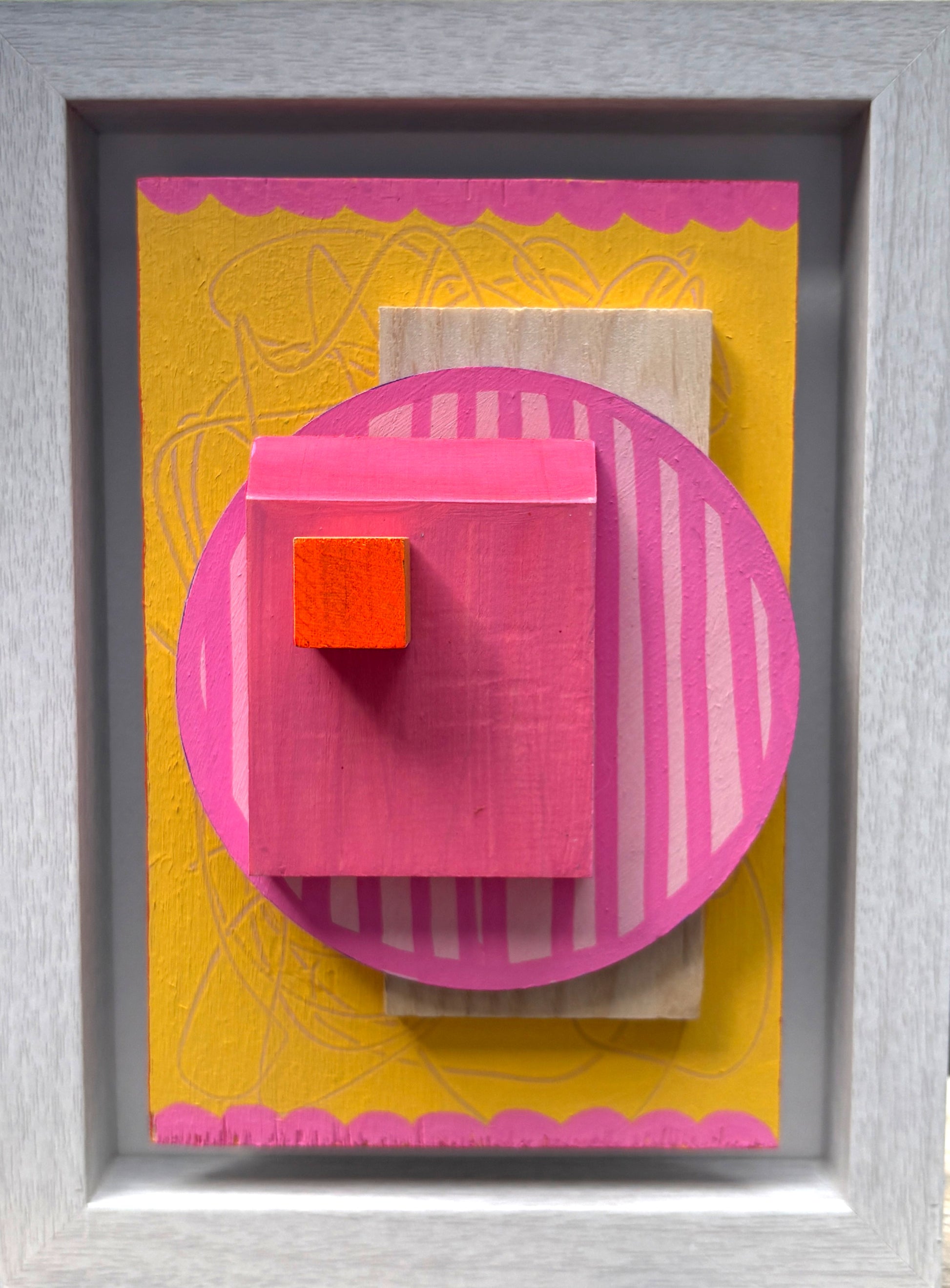 Mini Musings - Pretty in Pink by Nancy Benoy. Framed abstract art piece with colorful geometric shapes on an orange background . Nancy Benoy is a featured artist for SOCIAL SPACE I Holiday Market at MRKT Box - Strathcona Market location from November 14 - 16,2025.