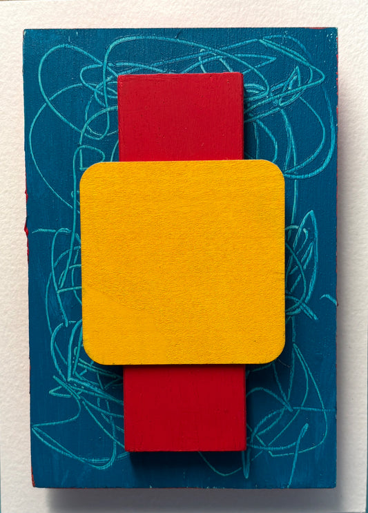 Mini Musings - Yellow Mellow by Nancy Benoy. Framed abstract art piece with colorful geometric shapes on an orange background . Nancy Benoy is a featured artist for SOCIAL SPACE I Holiday Market at MRKT Box - Strathcona Market location from November 14 - 16,2025.