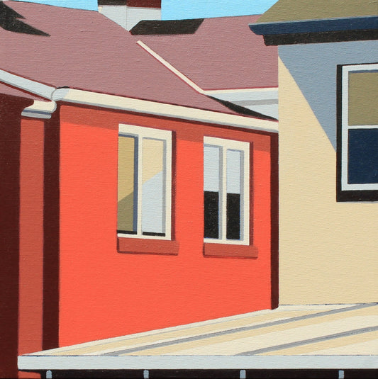 Squared Up by Gordon Leverton  - 12x12" original urban architecture artwork . Gordon Leverton's art is recognizable at a glance: striking geometry, vibrant palettes, and shadows that stretch across surfaces like time. By isolating structures and simplifying form, he invites viewers to see familiar spaces with a fresh perspective.

His work captures not just what a city looks like, but how it feels. It's a practice built on close observation, abstraction, and deep attention to what's often overlooked.
